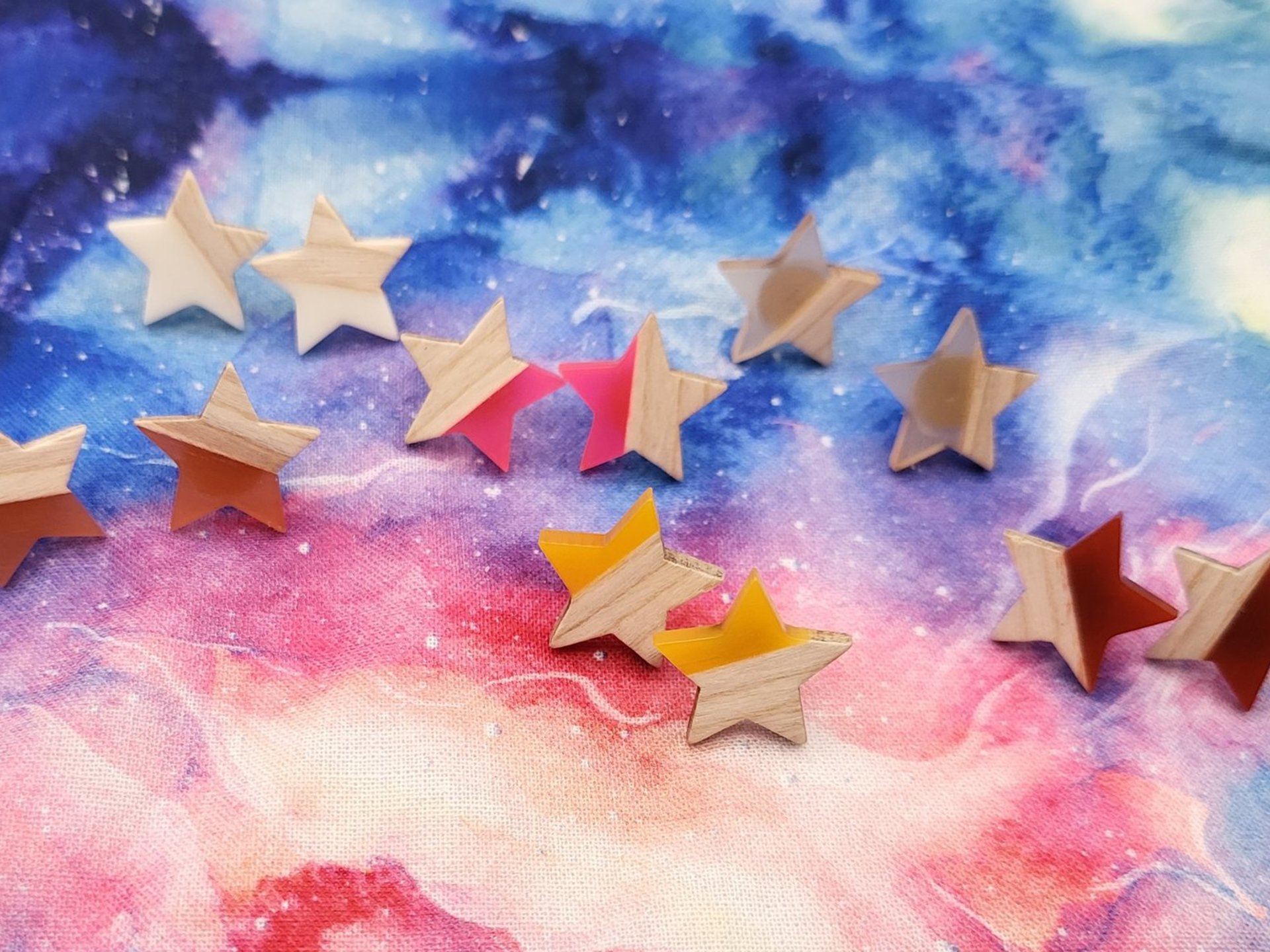 Neon Pink Wooden Star  Earrings