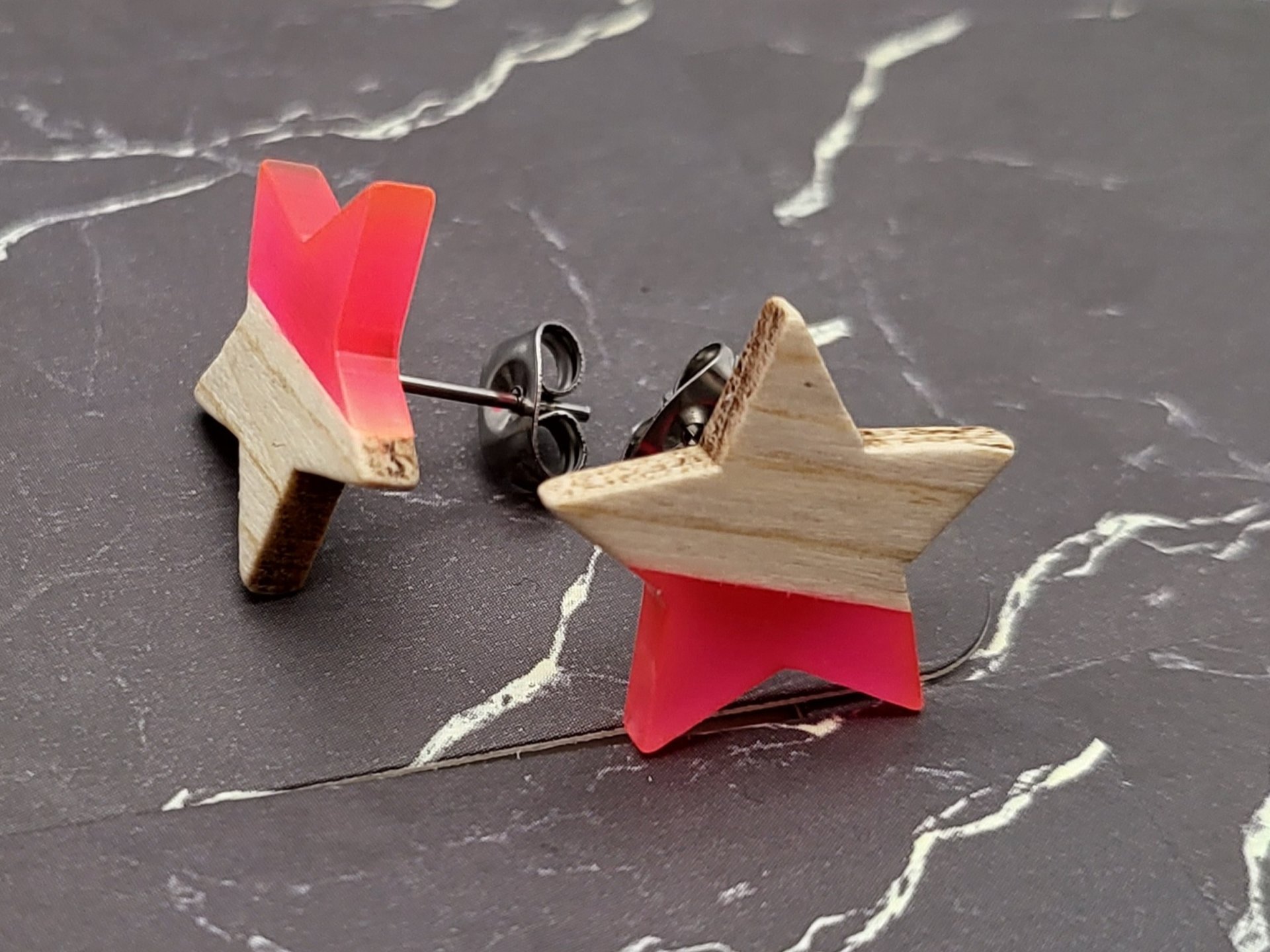 Neon Pink Wooden Star  Earrings